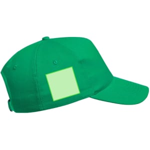 A green cap with a square patch on the side and an adjustable strap at the back.