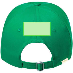 A green cap with a curved brim and adjustable strap at the back, featuring a blank area for branding.