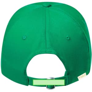 A green cap with a rounded back and an adjustable strap, featuring a logo.