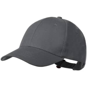 A grey cap with a curved brim and adjustable strap, featuring a logo on the side.