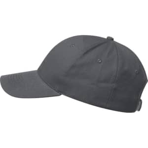 A grey cap with a curved brim and ventilation holes, featuring a branded logo at the back.