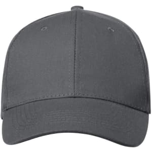 A grey cap with a curved brim and a structured design. It features a logo on the front.