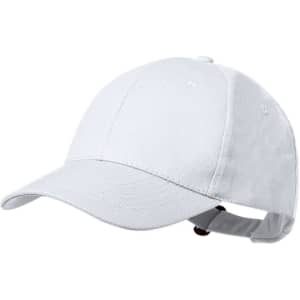 A white cap featuring a curved brim and an adjustable strap at the back, with a branding logo.
