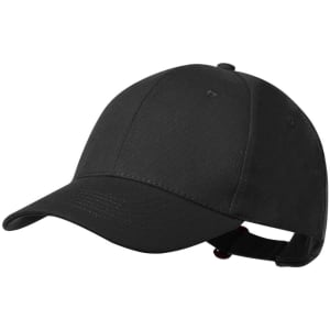 A black cap featuring a curved brim and an adjustable strap at the back, with a small logo on the side.