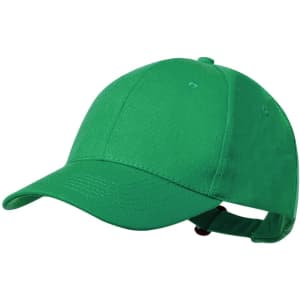 A green cap with a curved brim and a strap at the back. It features a logo on the front.
