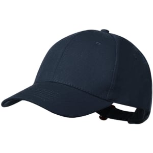 A navy blue cap featuring a structured design and an adjustable strap at the back. It includes a logo.