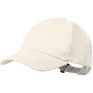 A cream-coloured cap made of soft material, featuring a curved brim and an adjustable strap at the back.