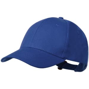 A blue cap featuring a curved brim and an adjustable strap at the back, with a logo on the front.