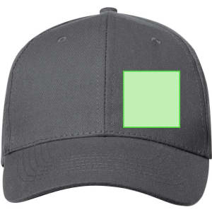 A grey cap featuring a square patch in a light green colour. The cap has a logo on it.