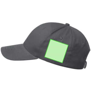 A black cap featuring a green blank square area for customisation. It includes a branded logo on the side.