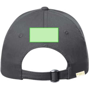 A black cap with an adjustable strap at the back, featuring a blank area for branding.