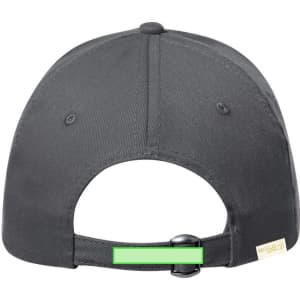 A black cap featuring a fitted back design and an adjustable strap with a logo.