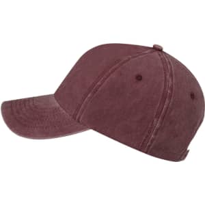 A maroon cap with a curved brim, featuring stitching details and a logo on the front.