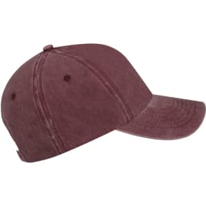 A maroon cap with a curved brim and a relaxed fit, featuring a branding logo.