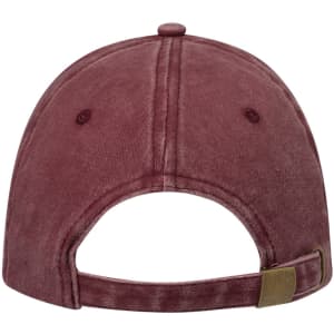 A maroon cap featuring a strap closure and ventilation holes, with a logo on the back.