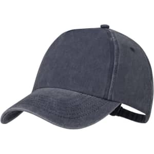 A dark blue cap with a curved brim and adjustable strap at the back, featuring a simple logo.