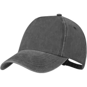 A grey cap with a curved brim and adjustable strap at the back, featuring a logo.
