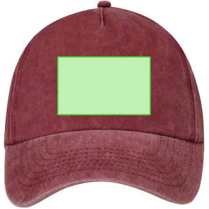 A maroon cap featuring a blank green area for customisation, with a logo on the front.