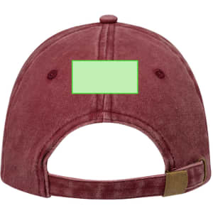 A maroon cap featuring a rear adjustable strap and a blank rectangular patch area. It has a logo on the side.