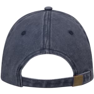 A dark grey cap with a leather strap and adjustable back, featuring a logo.