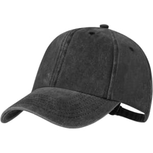 A black cap with a curved brim and adjustable strap, featuring a logo on the front.