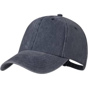 A navy blue cap featuring a classic design and adjustable strap at the back, also includes a logo.