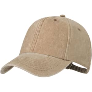 A tan cap with a curved brim and adjustable strap, featuring a logo on the front.