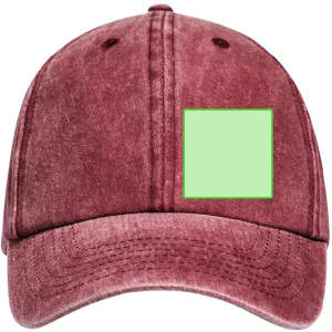 A burgundy cap featuring a blank green patch on the front, designed for customisation.