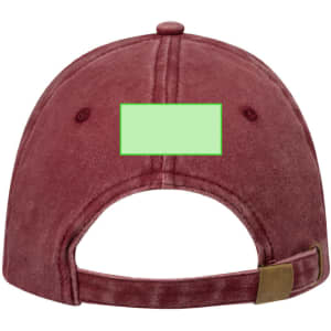 A maroon cap featuring an adjustable strap and a blank section for potential branding.