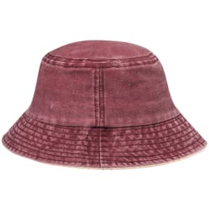 A maroon bucket hat with a textured finish, featuring a stitched brim and a subtle logo.