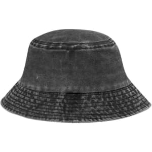 A faded black bucket hat with a wide brim and textured fabric, featuring a logo.