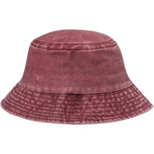 A maroon bucket hat with a textured finish and a wide brim. It features a logo on the side.