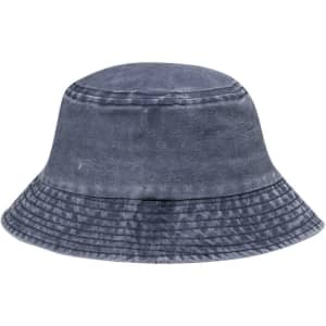 A grey bucket hat with a textured finish and a wide brim. It features a subtle branding logo.