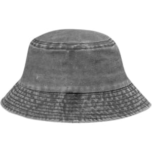 A grey bucket hat with a textured finish and a branded logo.