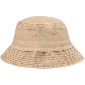 A beige bucket hat with a wide brim and an embossed texture. The hat features a logo branding.