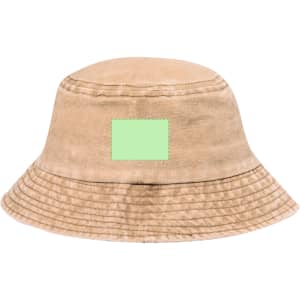 A tan bucket hat with a textured finish and a blank patch for branding. Designed for headwear.