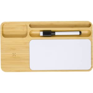 A bamboo desk organiser featuring compartments for stationery and a whiteboard surface with a marker.