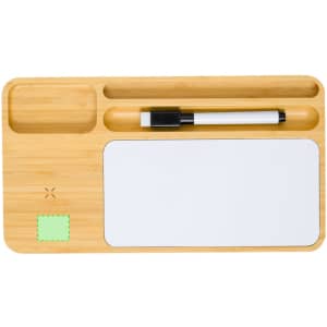 A bamboo organiser charger featuring compartments for accessories, a whiteboard area, and a pen. Includes a logo.