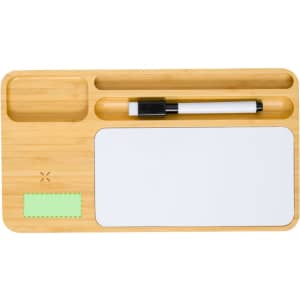 A bamboo desk organiser with compartments for stationery, a dry-erase board, and a marker. It has a simple design and a green accent.