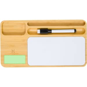 A bamboo organiser with compartments, a whiteboard section, and a black pen. Features a green sticky note area.