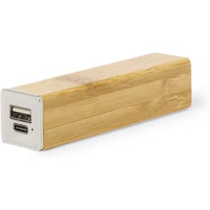 A bamboo power bank with one USB and one USB-C port, featuring a sleek rectangular design.