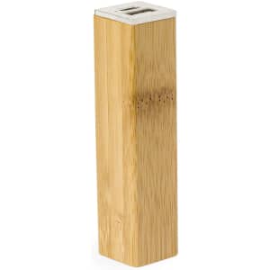 A wooden power bank with a rectangular shape and a USB port, featuring a natural bamboo finish.