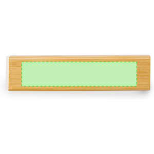 A bamboo power bank with a green accent area, featuring a logo on one side.