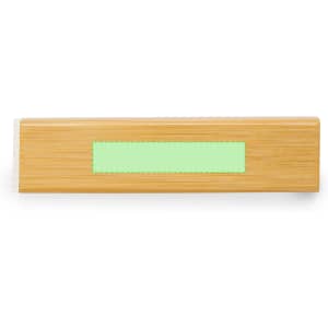 A bamboo power bank featuring a minimalist design with a green accent and a logo.