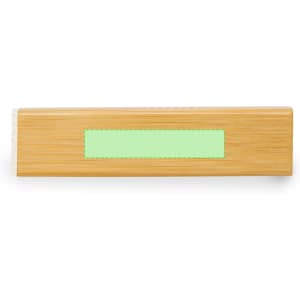 A bamboo power bank featuring a light green label, with a logo on its surface.