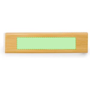 A bamboo power bank in a natural finish with a green detailing section and a logo or branding.