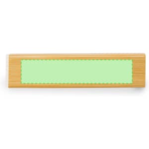 A bamboo power bank in light green, featuring a branding logo on the surface.