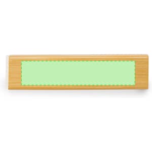 A bamboo power bank with a green accent area, featuring a logo or branding on its surface.
