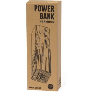 A bamboo power bank packaged in a rectangular cardboard box, featuring a logo on the side.