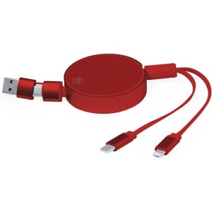 A red retractable charging cable with USB, Lightning, and USB-C connectors, featuring a circular casing and a logo.